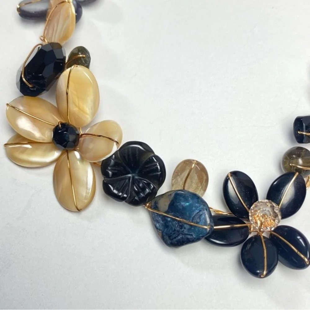 Abra Couture Handmade Natural Shell Beiges Gem Flower Collar GW Artisan Necklace